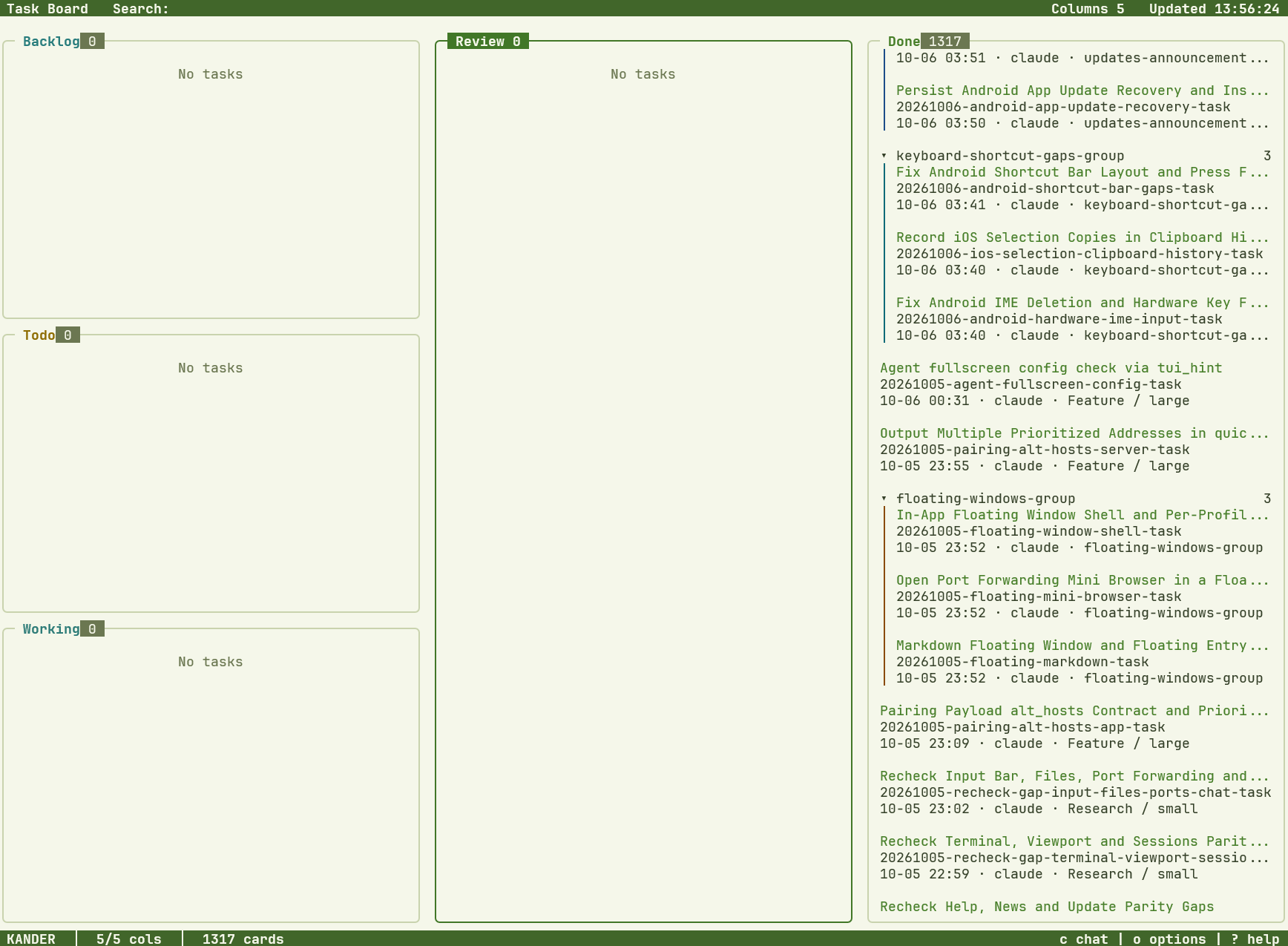 Kander terminal kanban board with task cards from the QuickTUI project