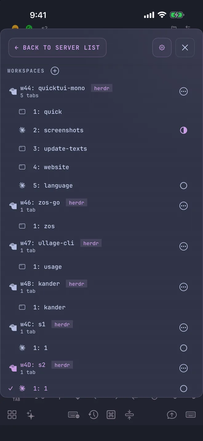 Session Manager showing Herdr workspaces with agent status